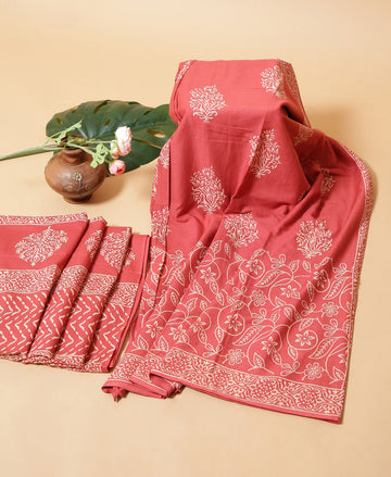 Salmon Pink Mulmul Cotton Dabu Print Saree