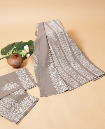 Seal Grey Mulmul Cotton Dabu Print Saree
