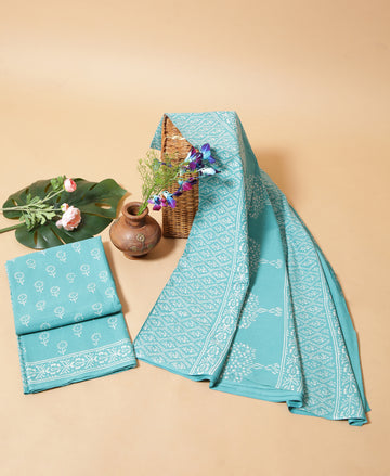 Seldon Green Mulmul Cotton Dabu Print Saree