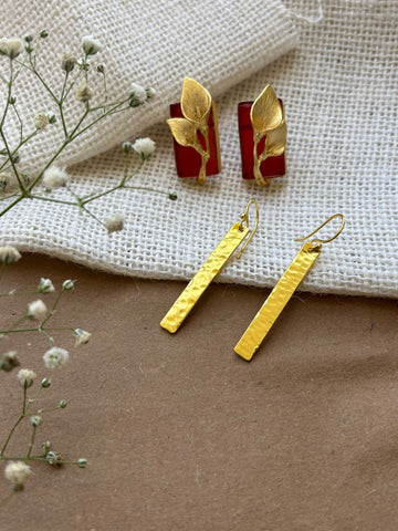 Adelina Gold-Plated Brass Drop Earrings with Red Stones – Set of 2