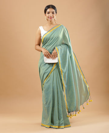 Teal Green Mulmul Cotton Golden Border Saree With Tassels