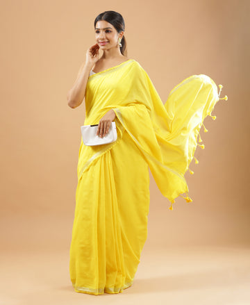 Yellow Soft Cotton Transparent Saree With Tassels