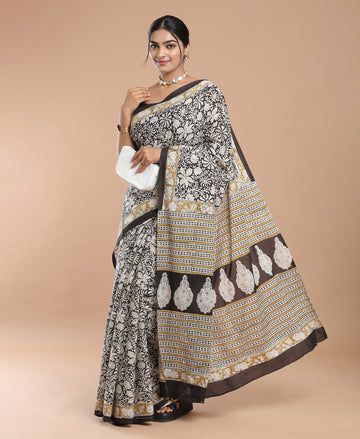 Black Mulmul Cotton Bagru Print Saree