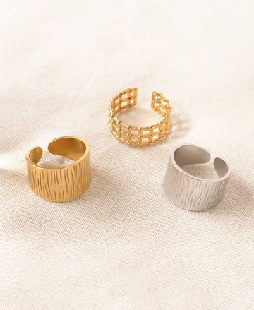 Textured Trio Anti-Tarnish Gold Adjustable Ring Set