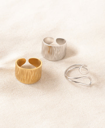 Anti-Tarnish Adjustable Ring Trio Set – Textured Gold & Silver Open Bands for Everyday Elegance