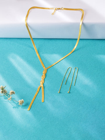 Modern Gold Brass Necklace and Earrings Ensemble