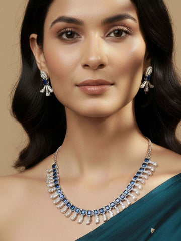Niska Rhodium-Plated Brass Blue Sapphire & White Cubic Zirconia Studded Necklace Set