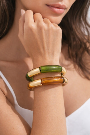 Niska Olive & Amber Gold Elastic Bangle Set