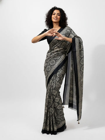 Niska Midnight Ivory Ajrakh Print Modal Silk Saree