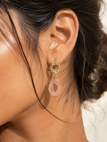 Niska Pink Natural Druzy Stone Drop Earrings for Women