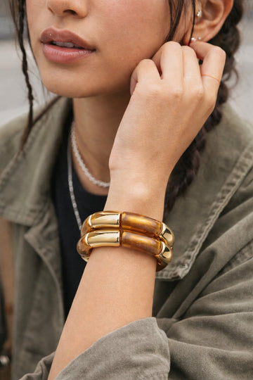 Niska Amber Gold Chunky Elastic Bangle Bracelet Set of Two
