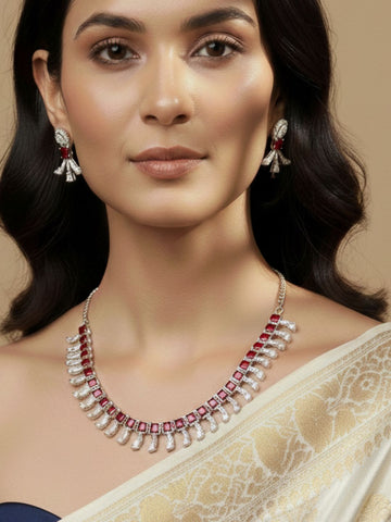 Niska Rhodium-Plated Brass Red Cubic Zirconia Studded Necklace Set