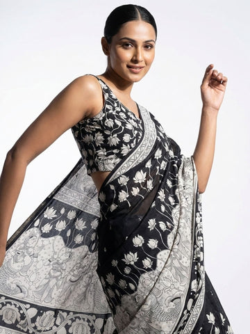 Niska Dola Silk Madhubani Print Saree Black
