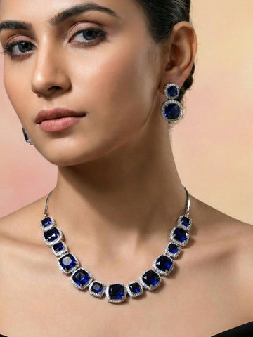 Niska Rhodium-Plated Brass Blue Cubic Zirconia Studded Necklace Set (Copy) (Copy)