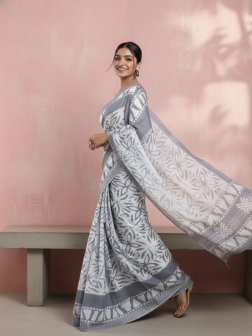 Linen Cotton Overlap Dabu Print Saree