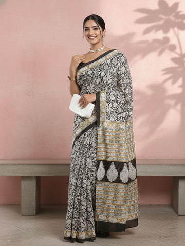 Black Mulmul Cotton Bagru Print Saree