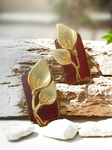 Crimson Blossom Brass Earrings with Coral Uncut Stone