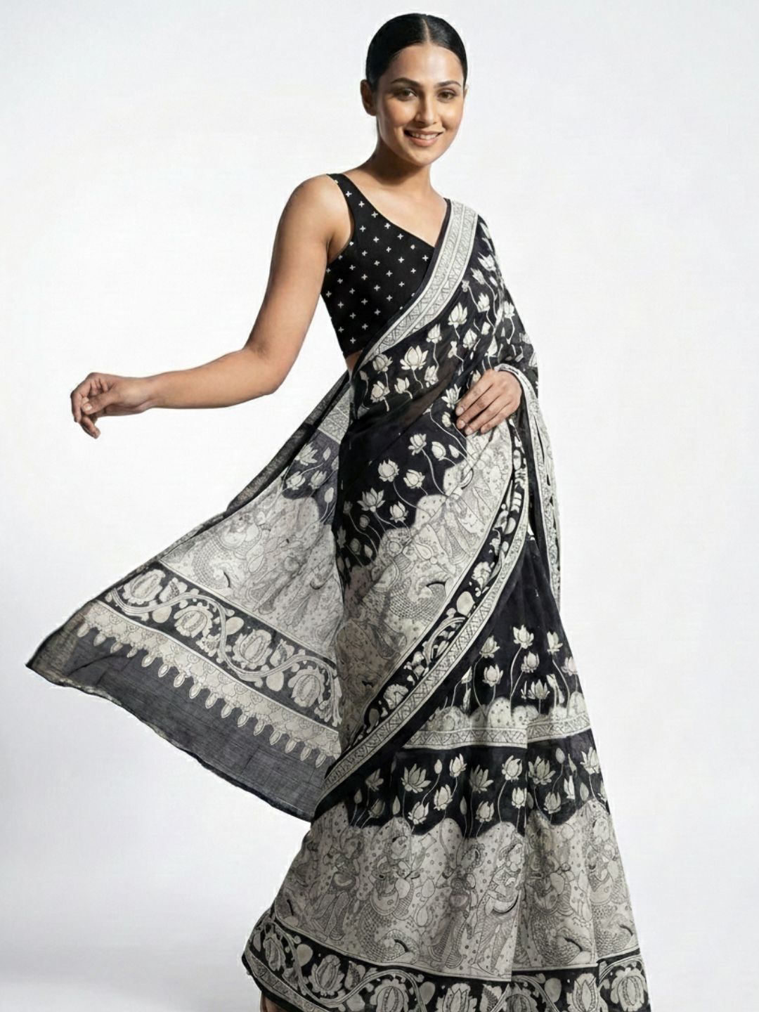 Niska Dola Silk Madhubani Print Saree Black