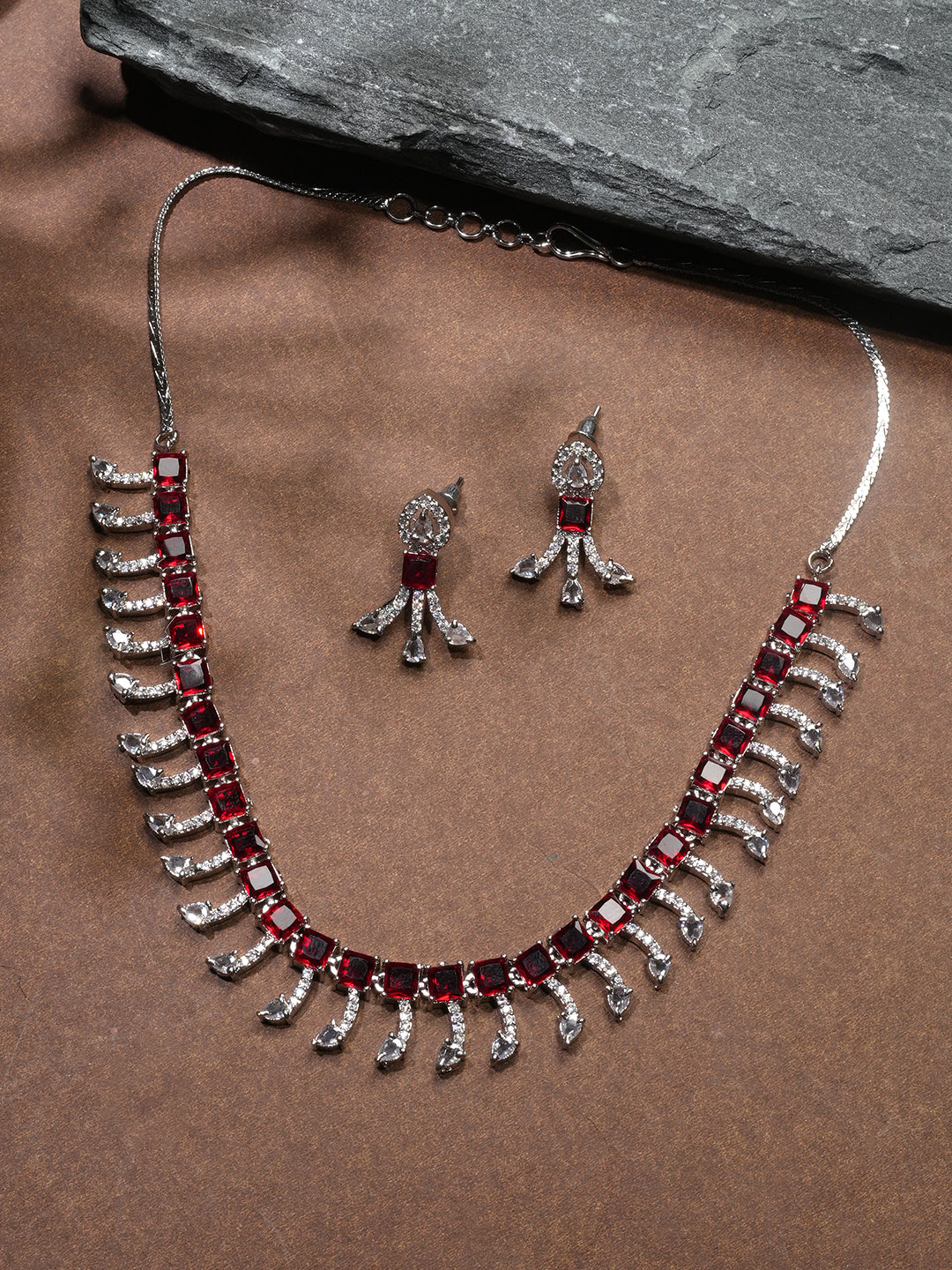 Niska Rhodium-Plated Brass Red Cubic Zirconia Studded Necklace Set