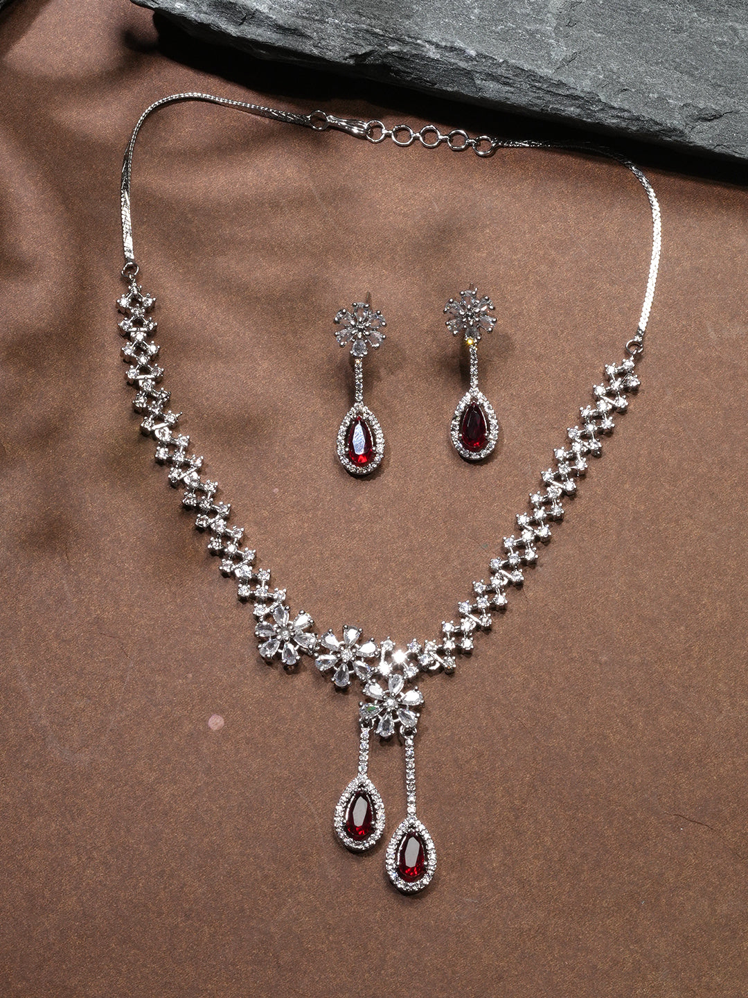 Niska Rhodium-Plated Brass Red Sapphire & White Cubic Zirconia Studded Necklace Set
