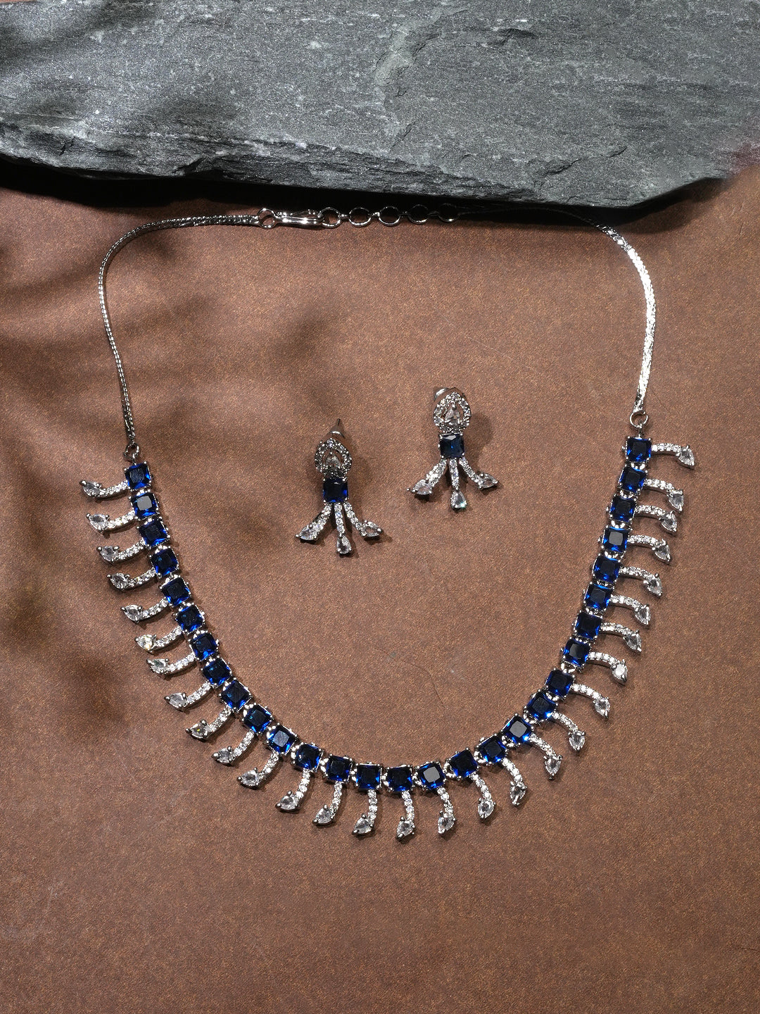 Niska Rhodium-Plated Brass Blue Sapphire & White Cubic Zirconia Studded Necklace Set