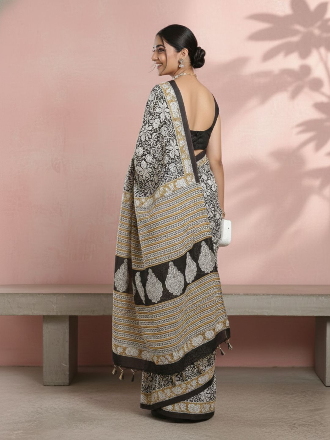 Black Mulmul Cotton Bagru Print Saree