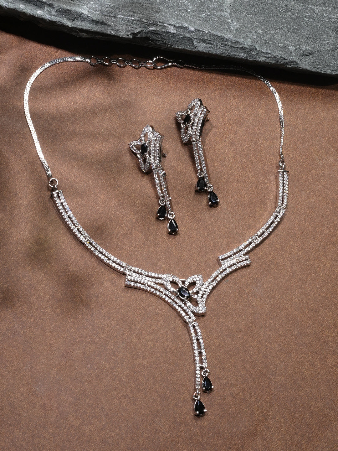 Niska Rhodium-Plated Brass Blue Sapphire & White Cubic Zirconia Studded Necklace Set