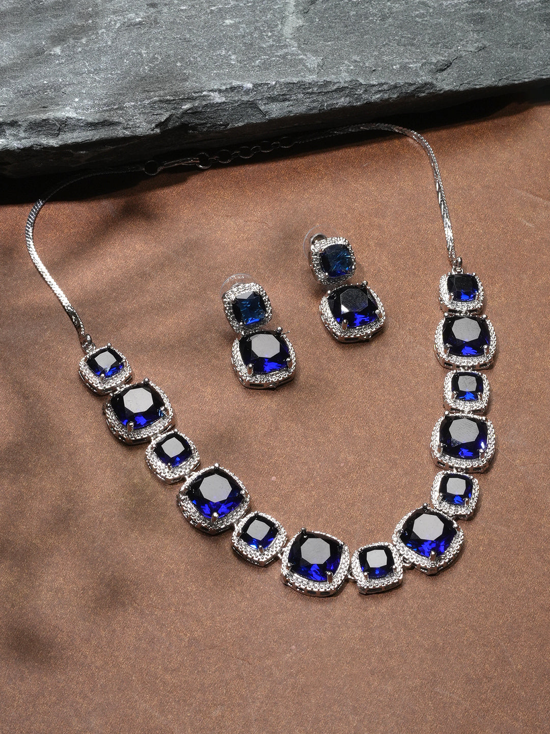 Niska Rhodium-Plated Brass Blue Cubic Zirconia Studded Necklace Set (Copy) (Copy)