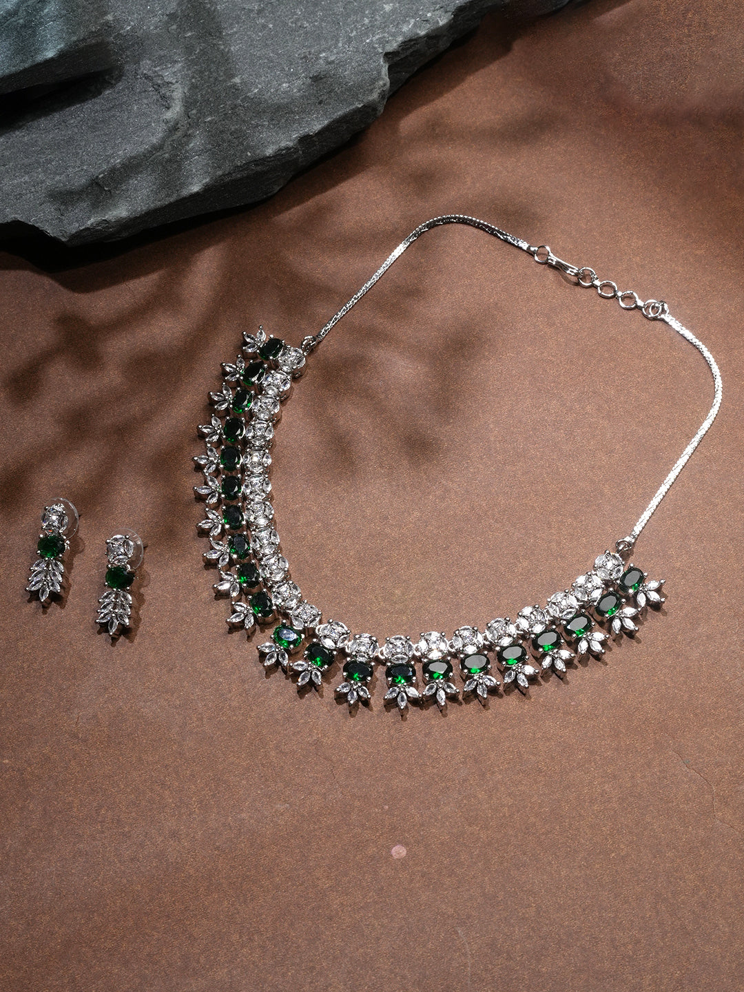 Niska Rhodium-Plated Brass Green Cubic Zirconia Studded Necklace Set