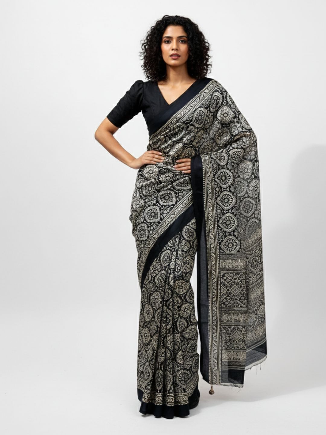 Niska Midnight Ivory Ajrakh Print Modal Silk Saree