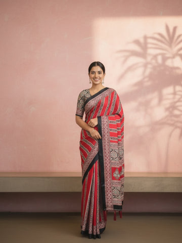 Ajrakh Print Satin Silk Saree