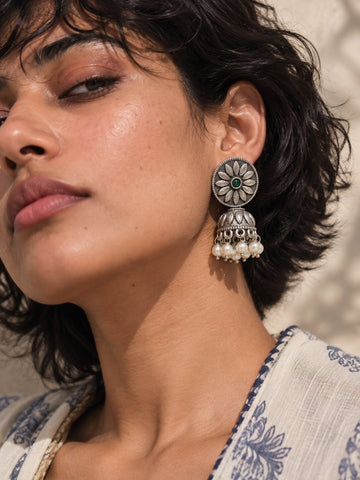 Silver Floral Jhumka Earrings