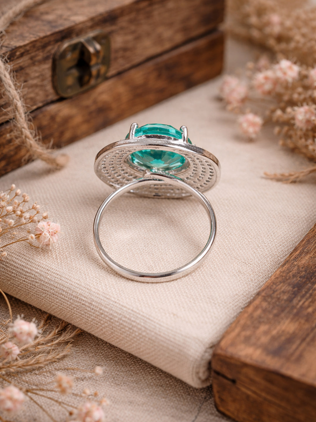 Doozie Green American Diamond Adjustable Ring