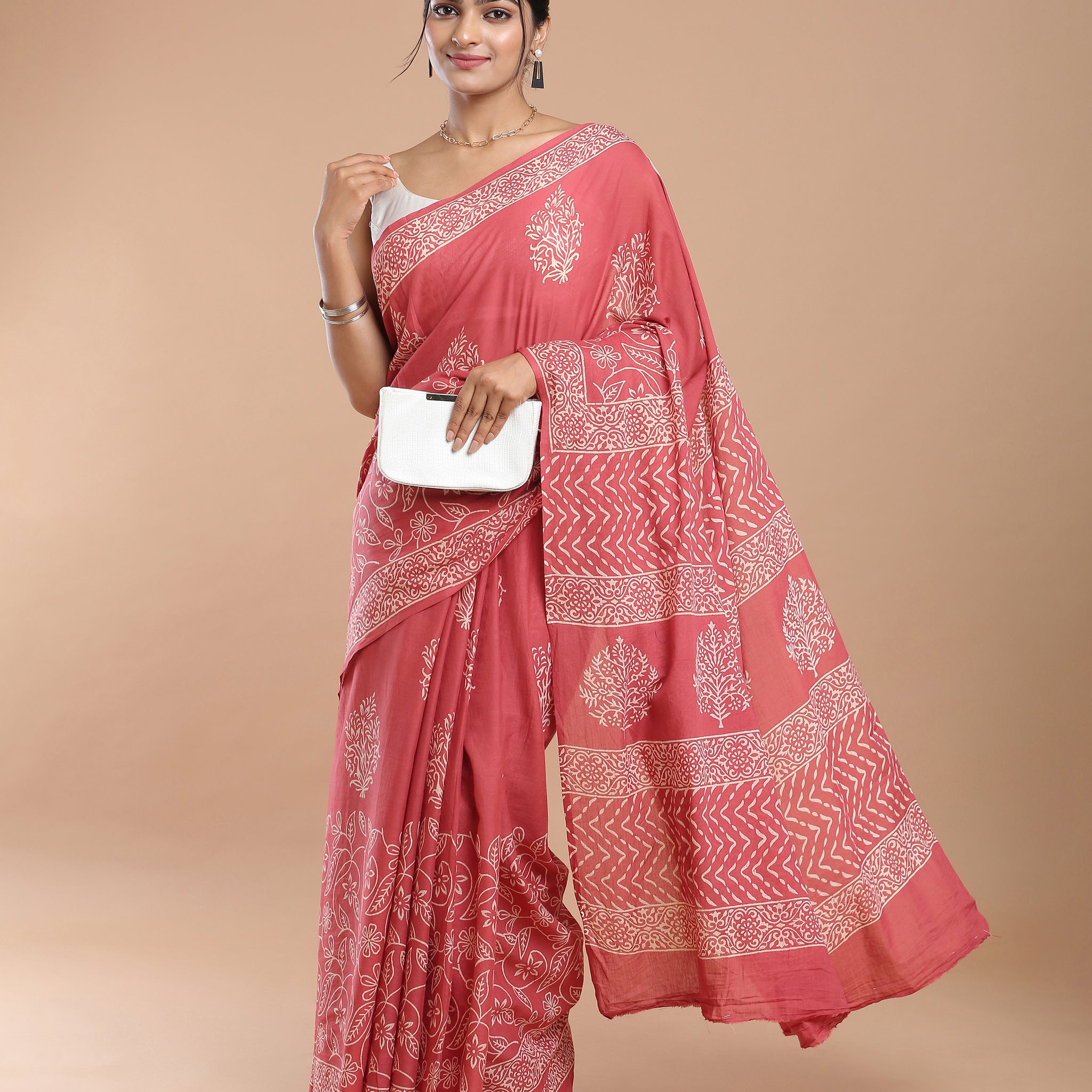 Salmon Pink Mulmul Cotton Dabu Print Saree