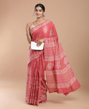 Salmon Pink Mulmul Cotton Dabu Print Saree