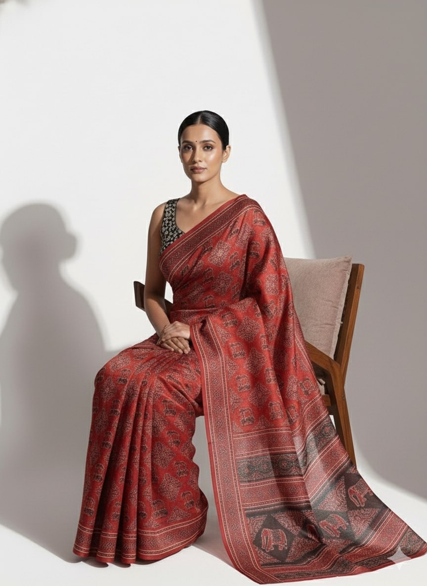 Niska Red Ajrakh Modal Saree
