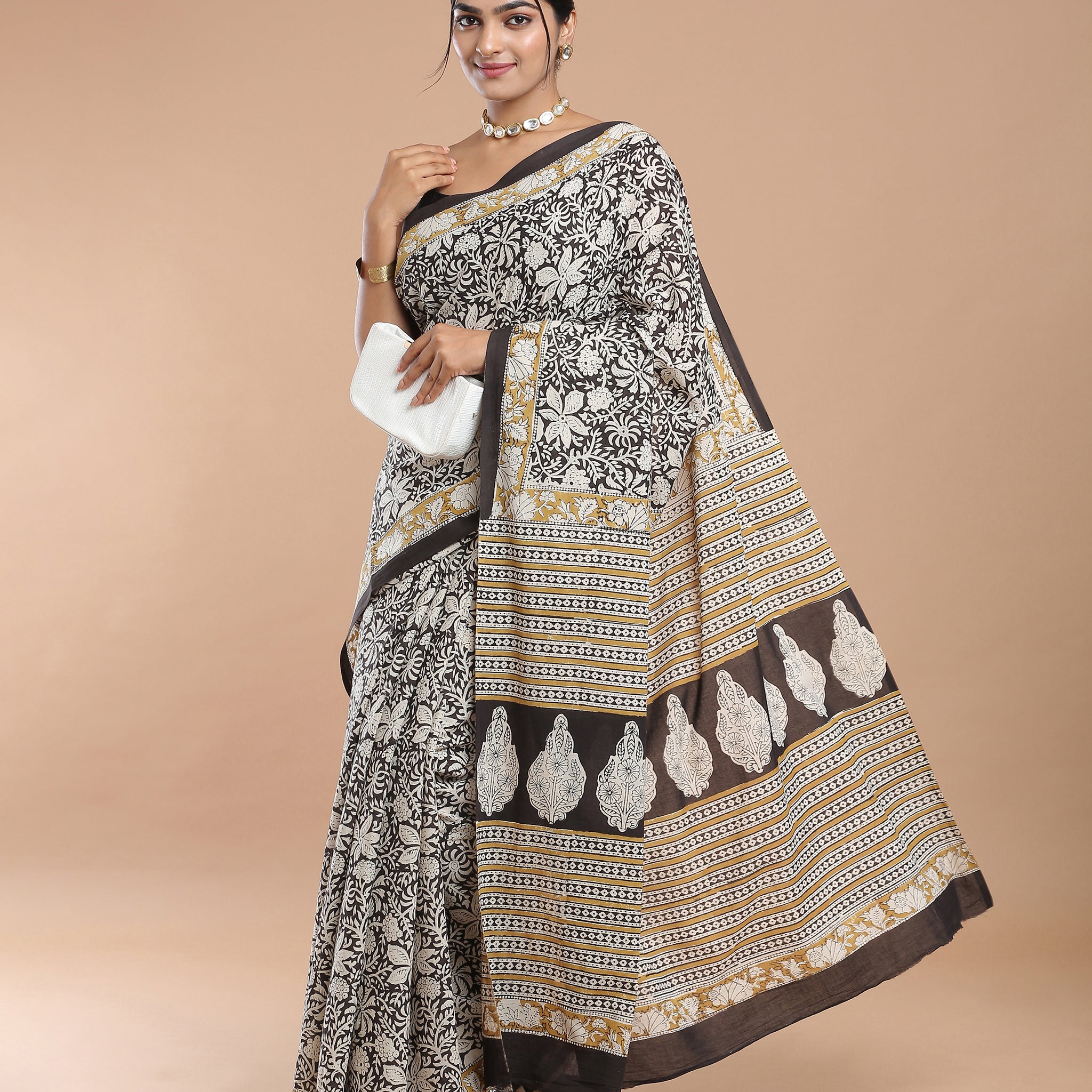 Black Mulmul Cotton Bagru Print Saree