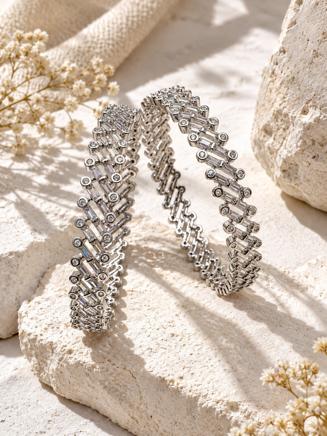 Model wearing AD stone dural colour stone silver plated bangle