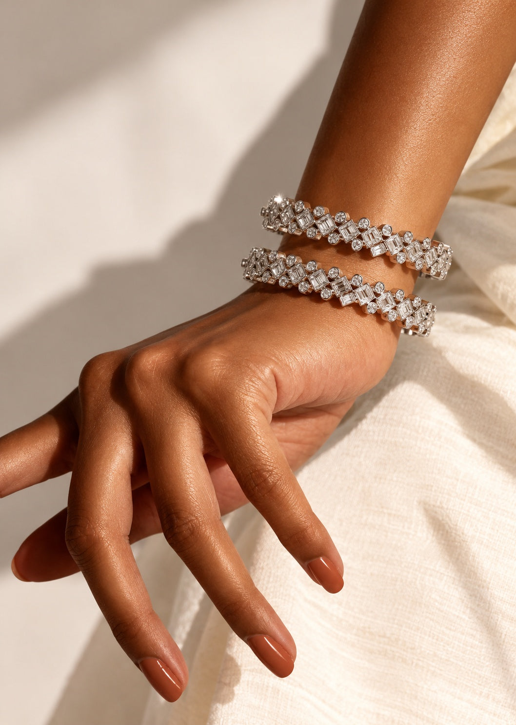 Model wearing AD stone dural colour stone silver plated bangle