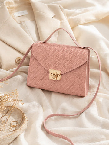 Blush Textured Crossbody Bag with Gold Lock Closure
