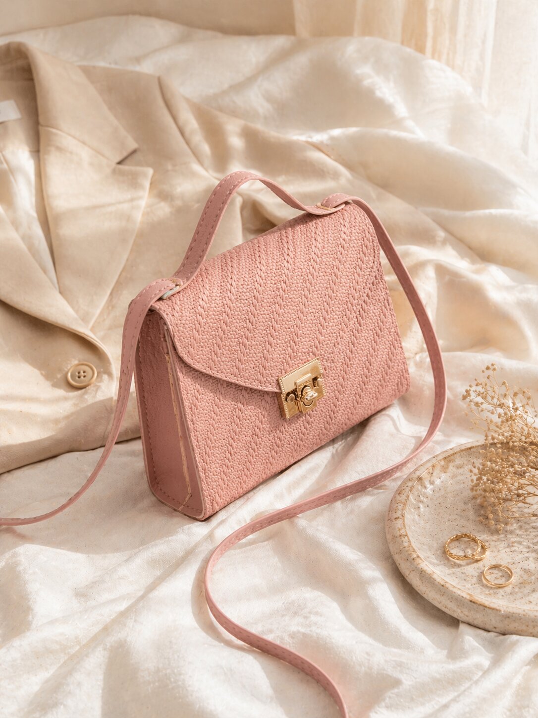Blush Textured Crossbody Bag with Gold Lock Closure