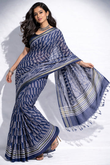 Niska Indigo Mulmul cotton Saree