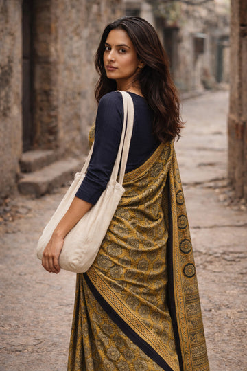 Niska Mustard Noir Ajrakh Print Modal Saree