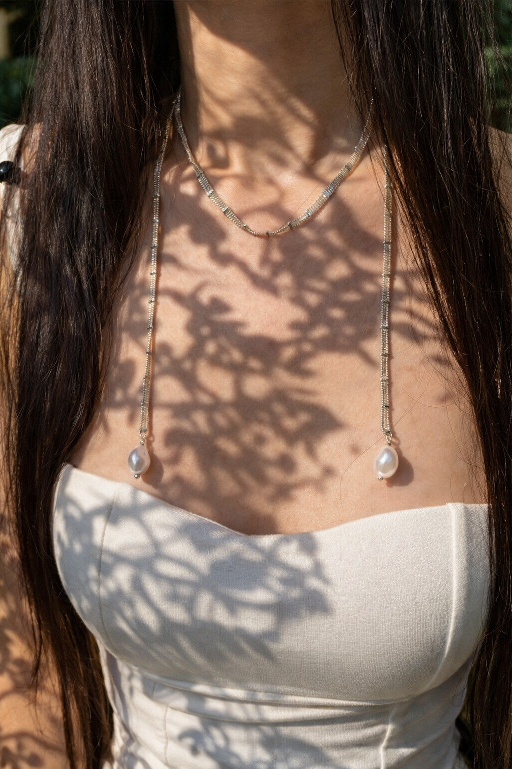 Niska Silver Lace Pearl Long Necklace Minimalist Wrap Design