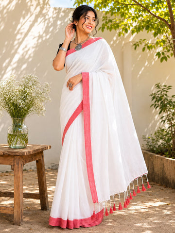 Niska White Red Par Cotton Saree
