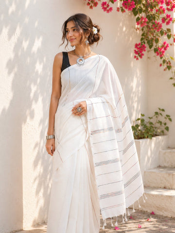 Niska Snowline Cotton Tassel Saree