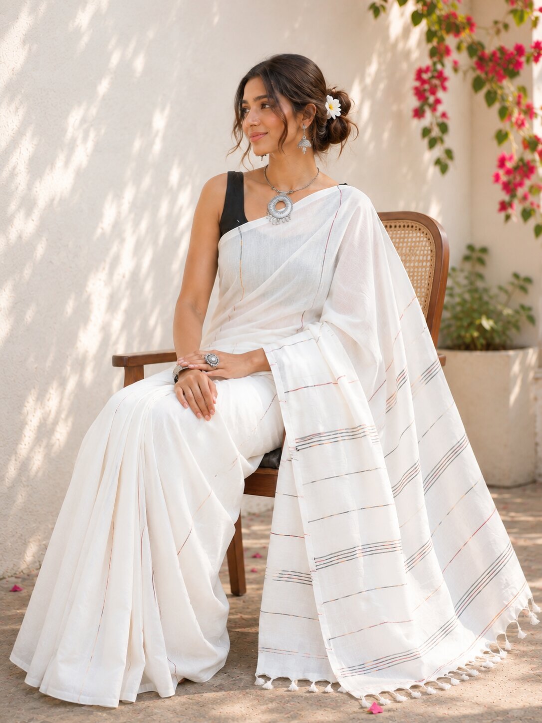 Niska Snowline Cotton Tassel Saree