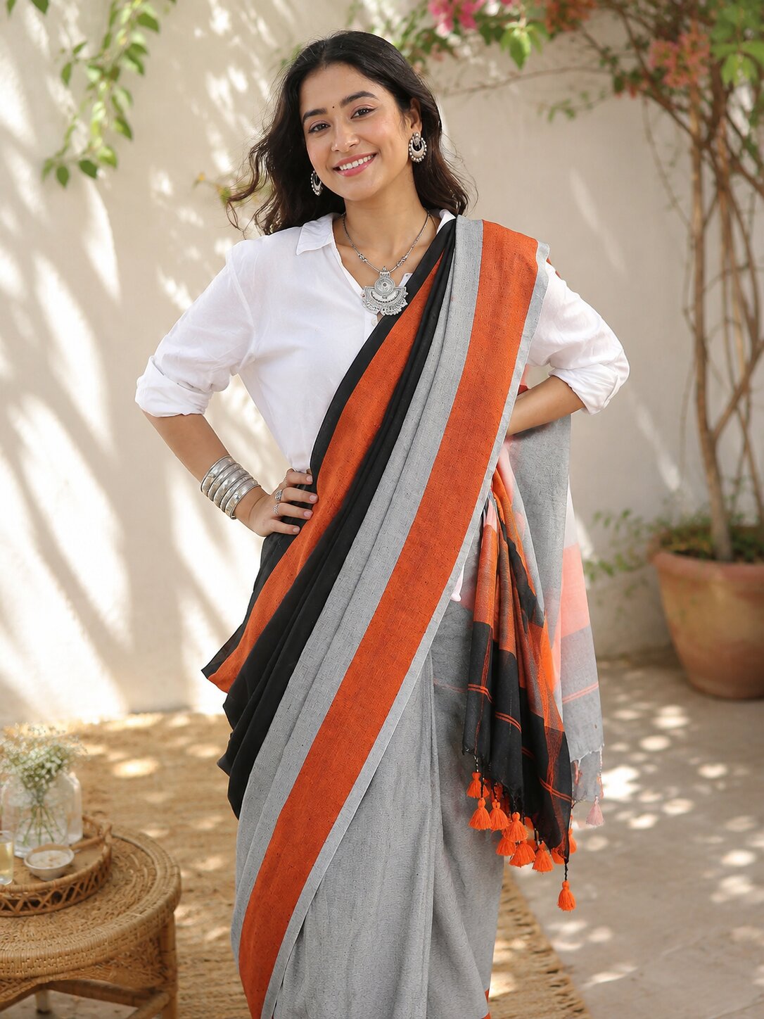 Niska Tangerine Mist Handloom Cotton Saree