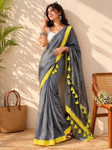 Niska Lime Mist Grey Cotton Saree