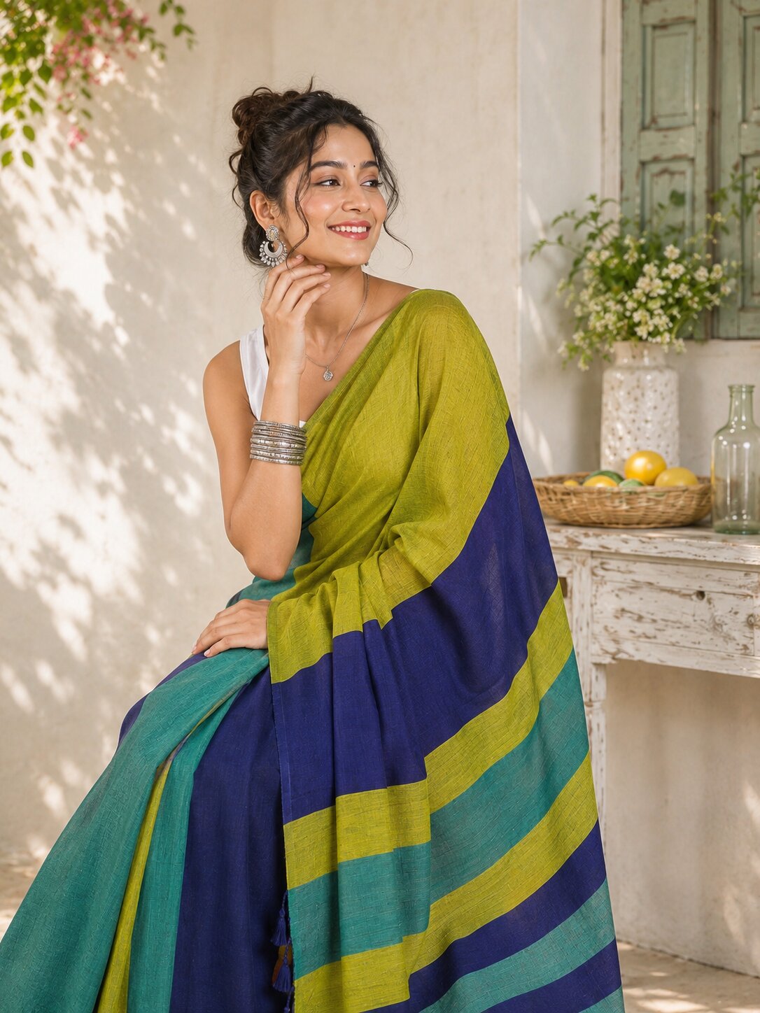 Niska Olive Breeze Handloom Cotton Saree